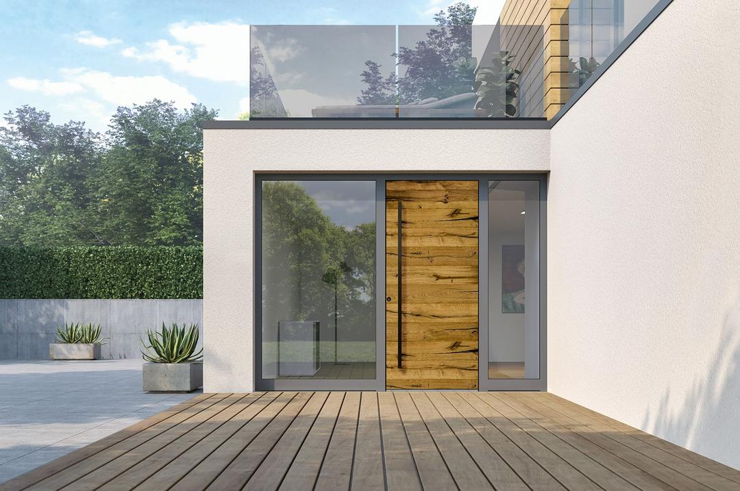 Moderne Haustür mit Holzoptik an einem Neubau
